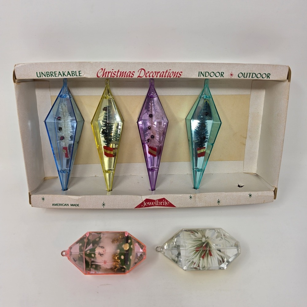 Vintage 1960's Jewel Brite Plastic Diorama Christmas Tree Ornaments + Box